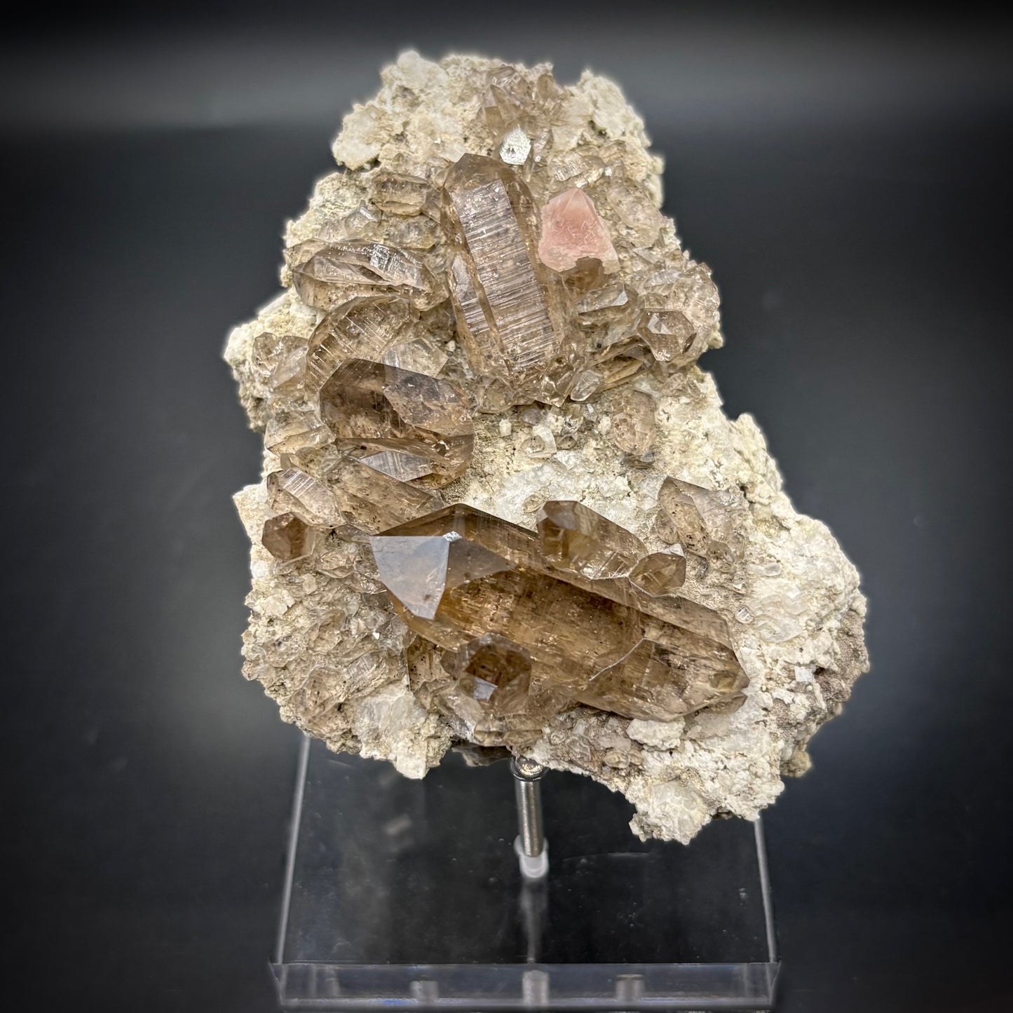 Pink Fluorite, Smoky Quartz Crystal On Matrix - Zinggenstocke, Switzerland 9.5 cm