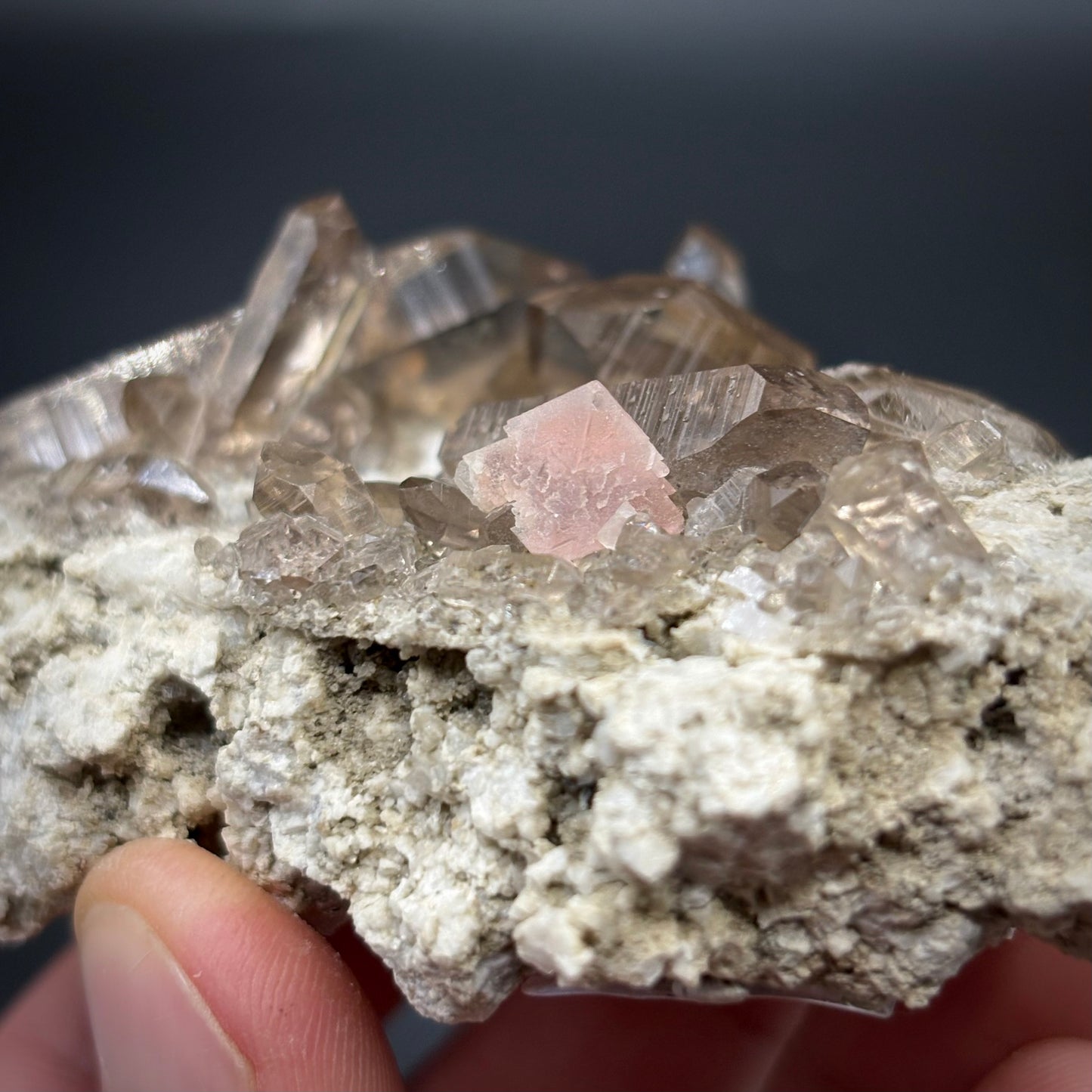 Pink Fluorite, Smoky Quartz Crystal On Matrix - Zinggenstocke, Switzerland 9.5 cm