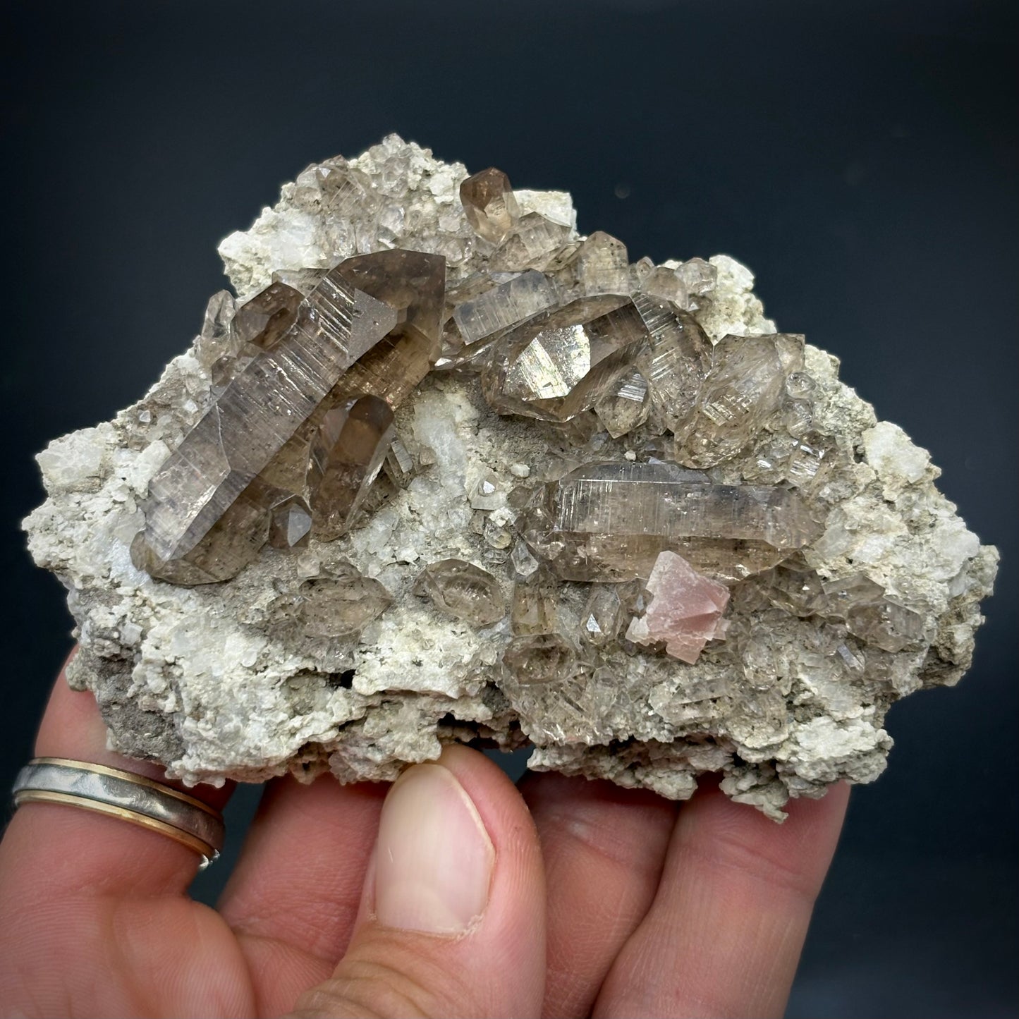 Pink Fluorite, Smoky Quartz Crystal On Matrix - Zinggenstocke, Switzerland 9.5 cm