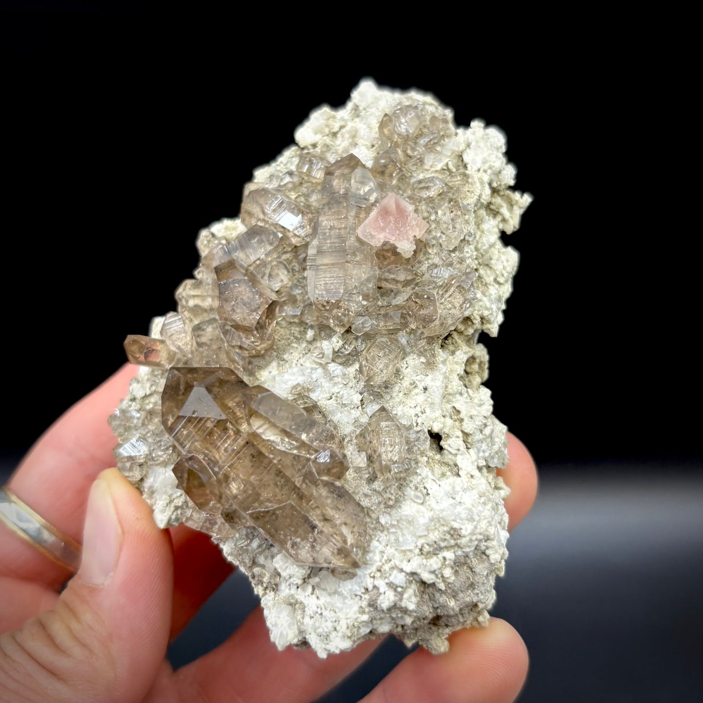 Pink Fluorite, Smoky Quartz Crystal On Matrix - Zinggenstocke, Switzerland 9.5 cm