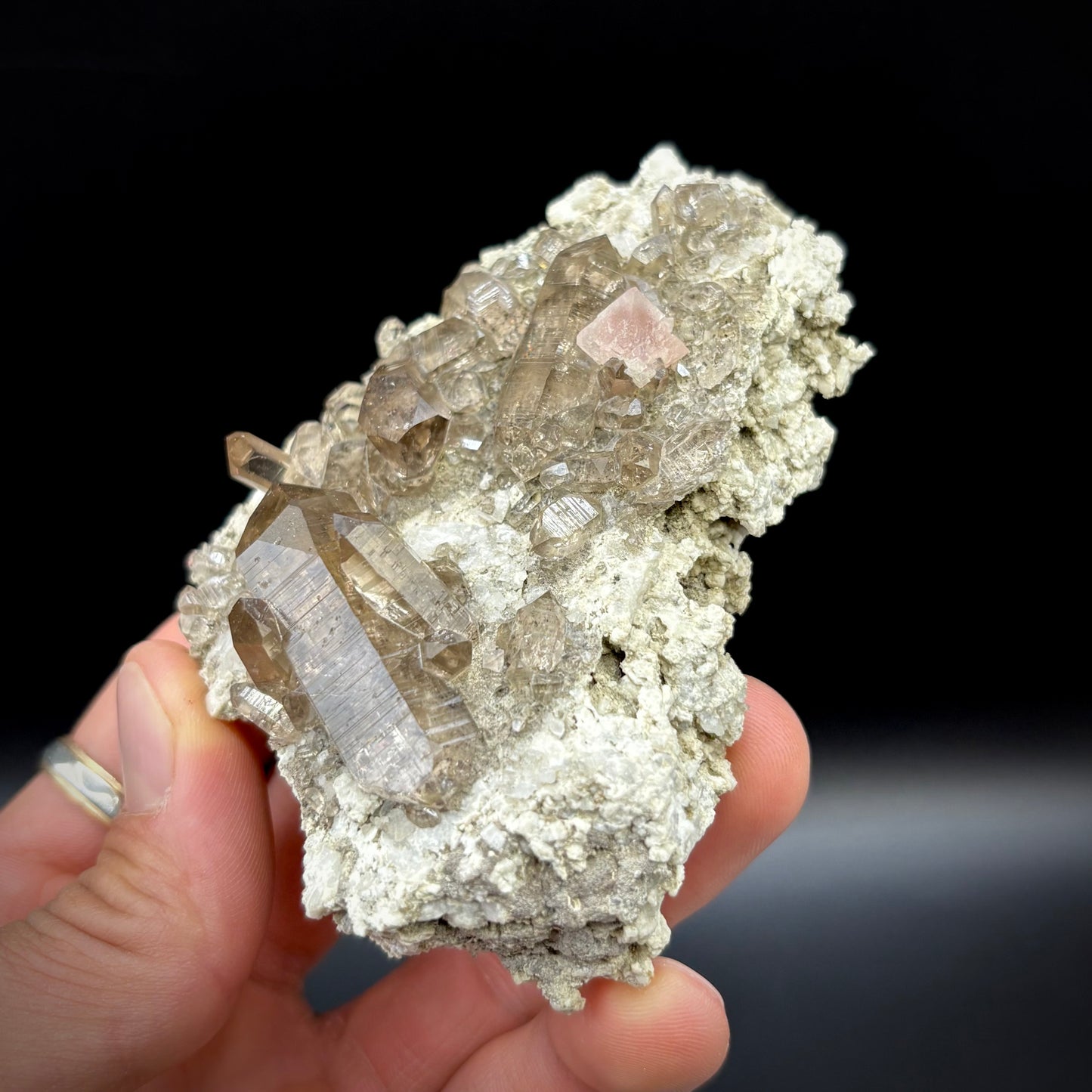 Pink Fluorite, Smoky Quartz Crystal On Matrix - Zinggenstocke, Switzerland 9.5 cm